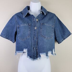 No Boundaries Juniors Distressed Dark Wash Short Sleeve Cropped Shacket Size XS